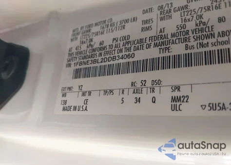 2013 Ford E-350 Super Duty Xl z USA, uszkodzony, nr VIN 1FBNE3BL2DDB34060